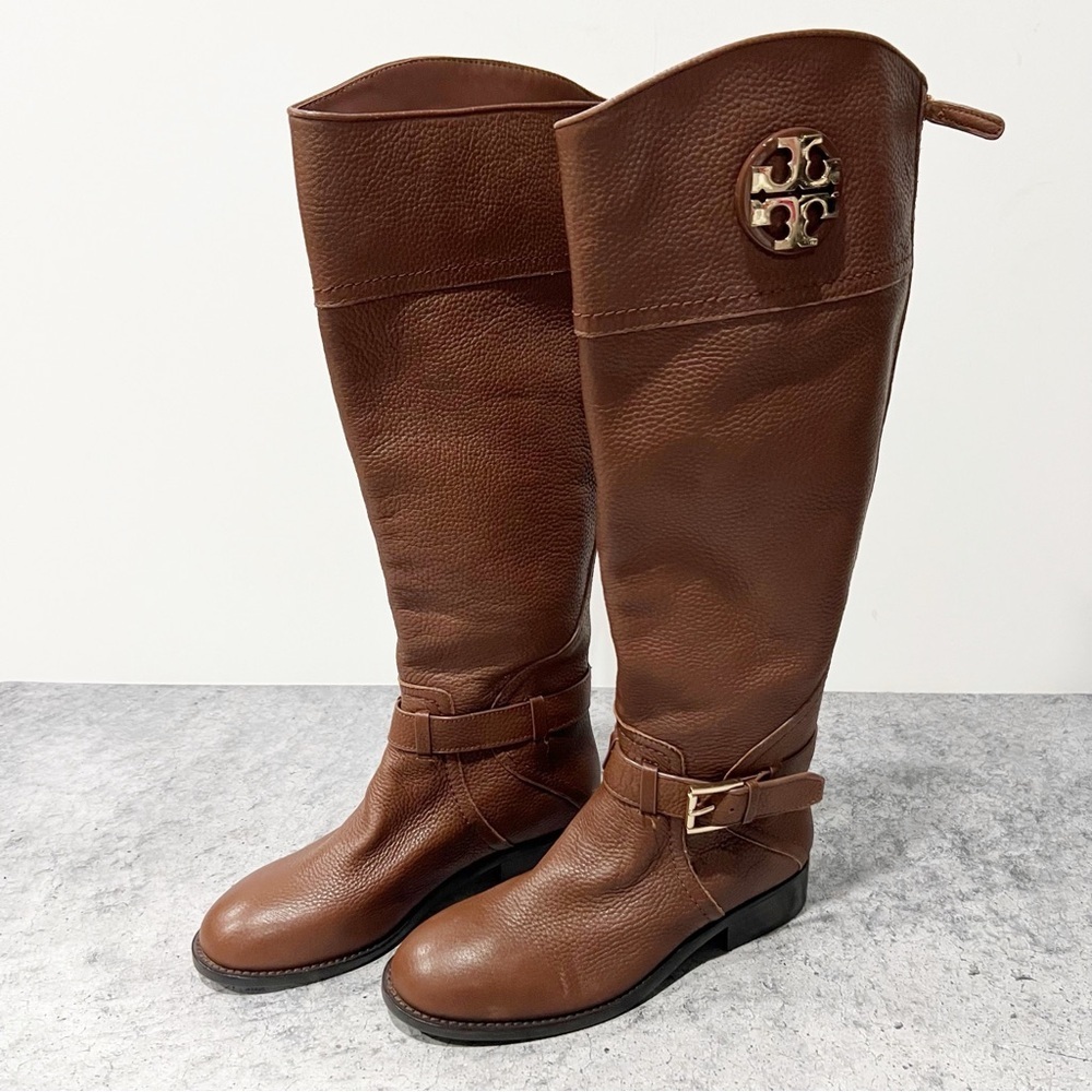 TORY BURCH Adeline Leather Riding Boots Brown Gold Emblem Zip 5M NEW
